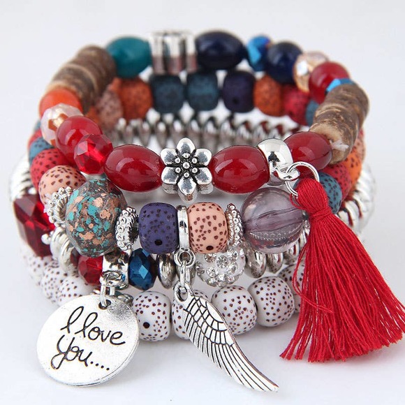 Private Label Jewelry - Tassel and Wings Multilayered BOHO 4pc Bracelet Set~~RED